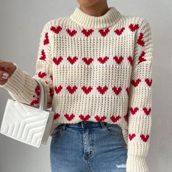 White Beige Casual Womens Heart Pattern Drop Shoulder Sweater - Picture 6 of 8